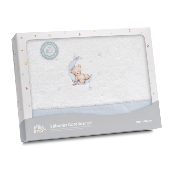 Triptico Minicuna Coralina Estampado Oso Luna Estrellas Bco/Azul