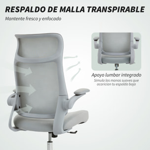 Silla de Oficina Ergonómica Giratoria, con Soporte Lumbar y Reposabrazos 3D Abatibles, Silla de Escritorio de Malla con Reposacabezas Integrado, Función Basculante, Altura Ajustable, Gris