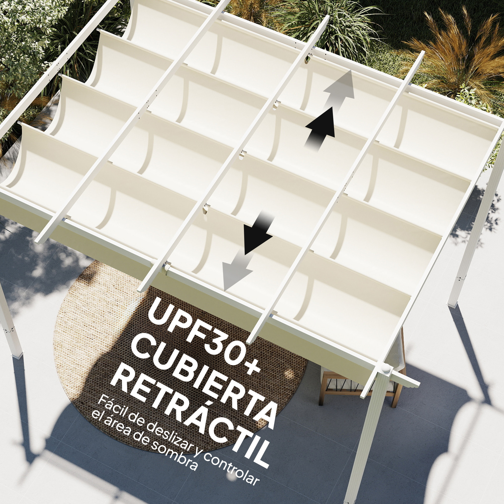 Pérgola de Jardín 4x3 m con Techo Retráctil, Cenador de Jardín con Protección UPF30+, Orificios de Drenaje, Estructura Metálica, Pabellón para Patio, Terraza, Exterior, Beige