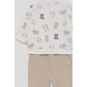 Conjunto bebé niño sudadera crudo y pantalón beige, estampado de ositos y bolsillos laterales | Color: Tostado | Street Monkey