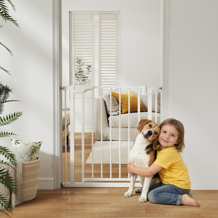 Barrera de Seguridad para Niños y Perros, Ancho 76-82 cm, Puerta para Perros, Bloqueo Doble, Cierre Automático, Apertura Dos Sentidos, para Puertas, Escaleras, Montaje a Presión, Blanco