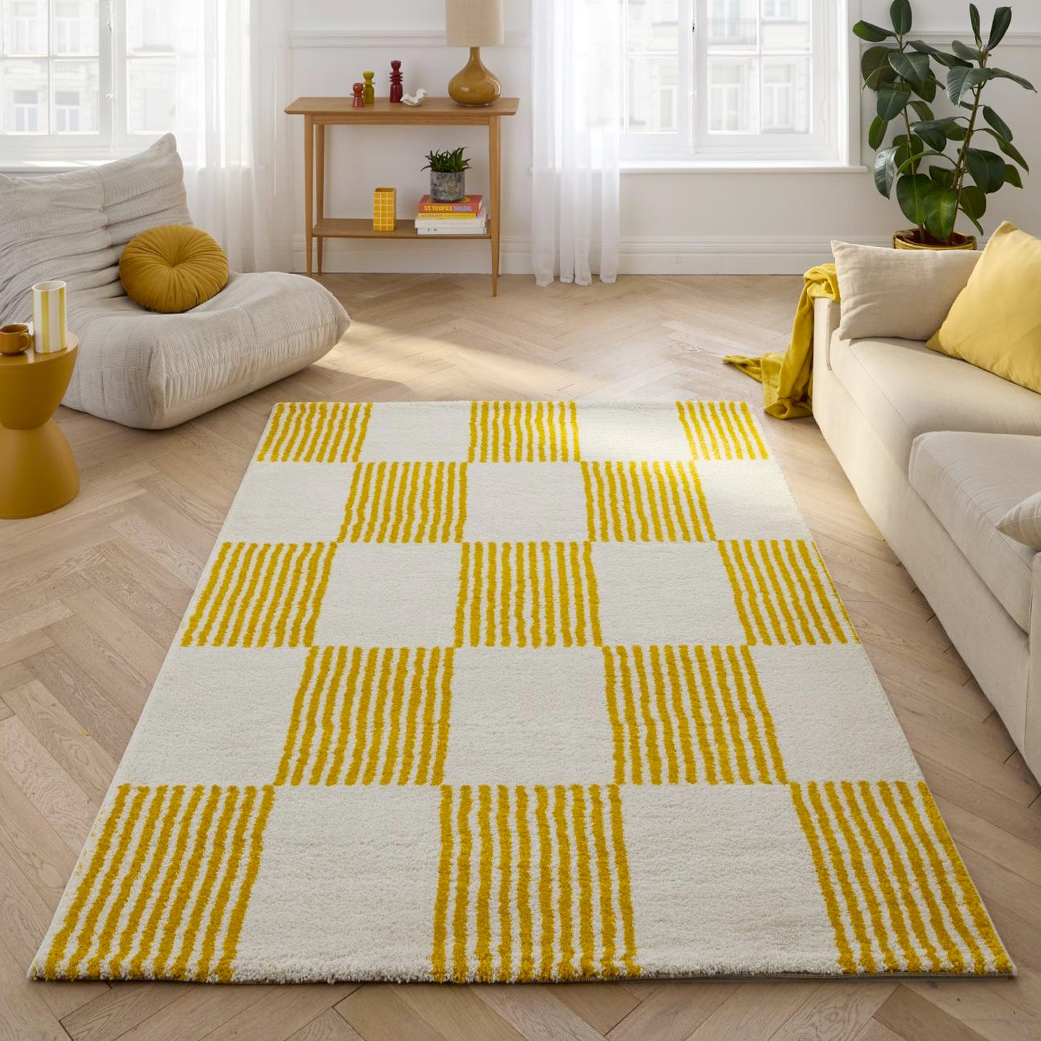 Tapis intérieur damier jaune et blanc FERGEW
