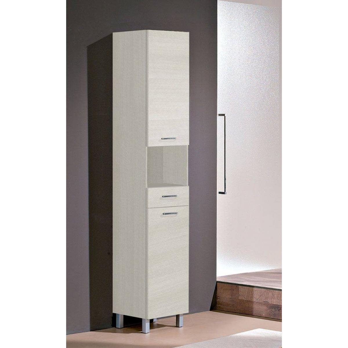 Colonna da bagno pensile, Armadietto moderno multiuso con 2 ante e un cassetto, Made in Italy, cm 34x34xh195, colore Bianco frassinato