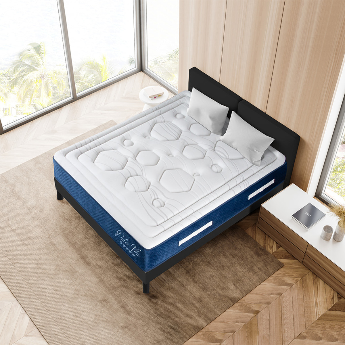 Ensemble Matelas Hybride Dolce Vita & Sommier Kit Bois, Ressorts Ensachés & Mémoire de Forme, 28 cm, Soutien Ferme