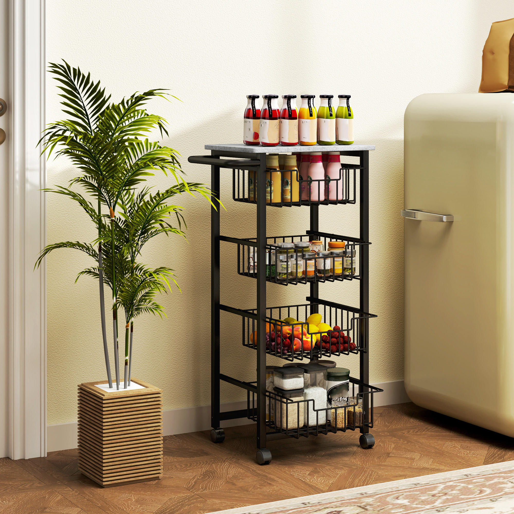 Carrito de Cocina Carrito Verdulero para Cocina con 4 Cestas Deslizables y Marco de Acero Carrito Auxiliar con Ruedas para Comedor 49,5x31x91 cm Gris Claro