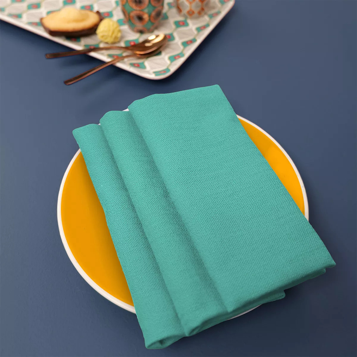 Serviette pur coton motif jacquard canard Bastide turquoise