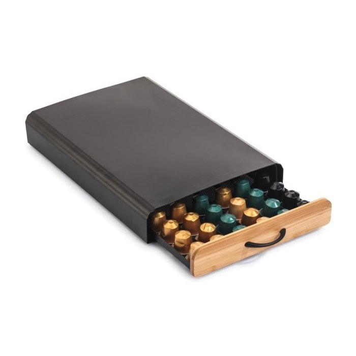 Tiroir de rangement pour capsules Nespresso Design industriel Bambou & Acier ELIE Noir mat MSV