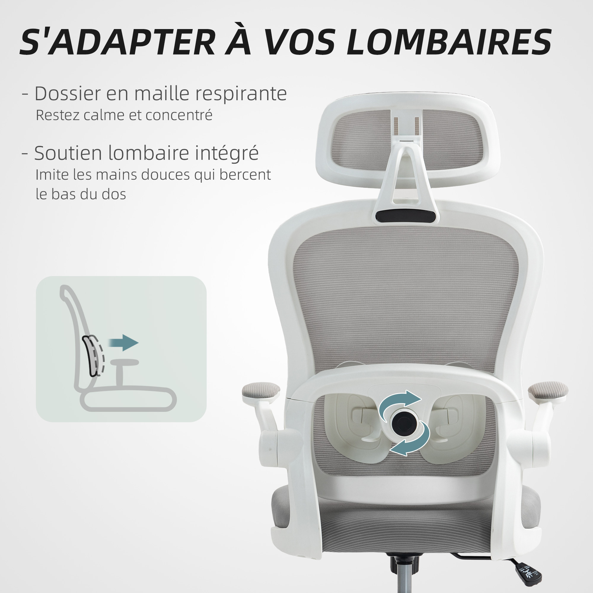 Chaise bureau ergonomique accoudoirs relevables tissu maille gris blanc
