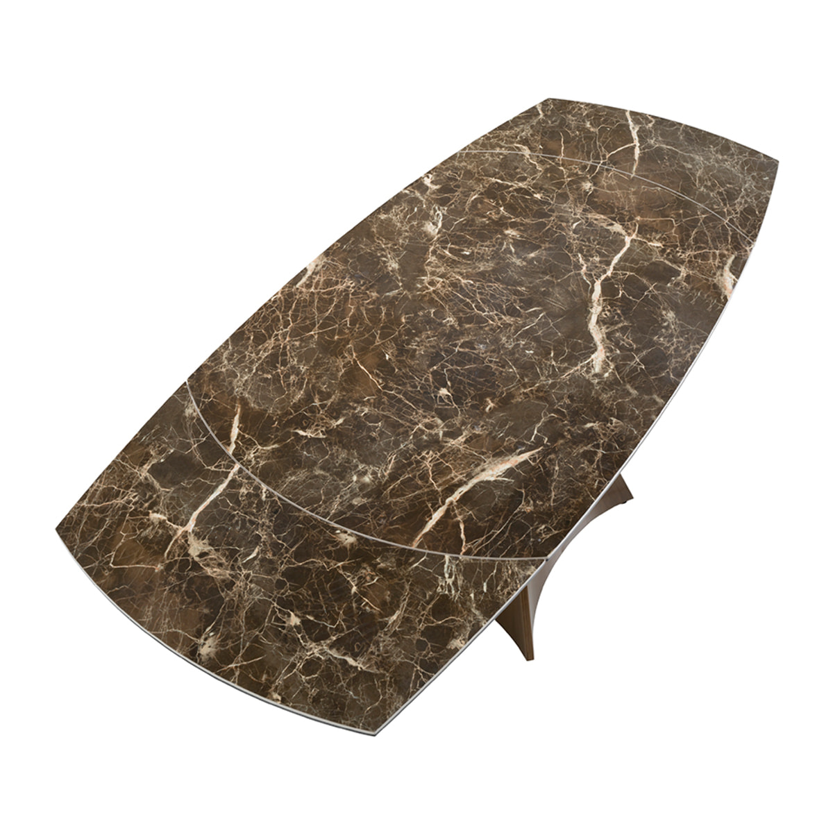 Mesa comedor extensible ovalada barril con tapa de mármol porcelánico en marrón con vetas crema en acabado brillo 135x90x75cm