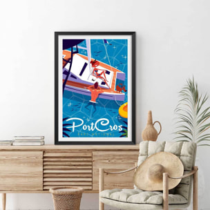 Poster de baignade à port cros Affiche + cadre en bois - Noir