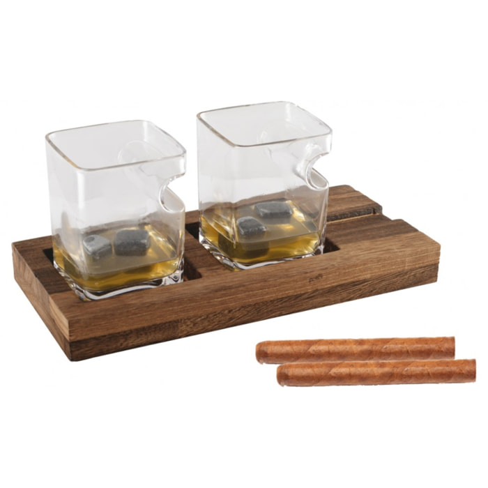 Duo whisky deux verres support bois 4 glaçons pierre céramique