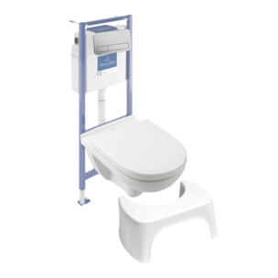Pack WC sans bride O novo abattant frein de chute + bâti-support sol et mur + plaque Chromé mat + Tabouret blanc
