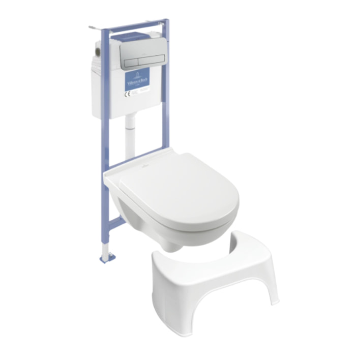 Pack WC sans bride O novo abattant frein de chute + bâti-support sol et mur + plaque Chromé mat + Tabouret blanc