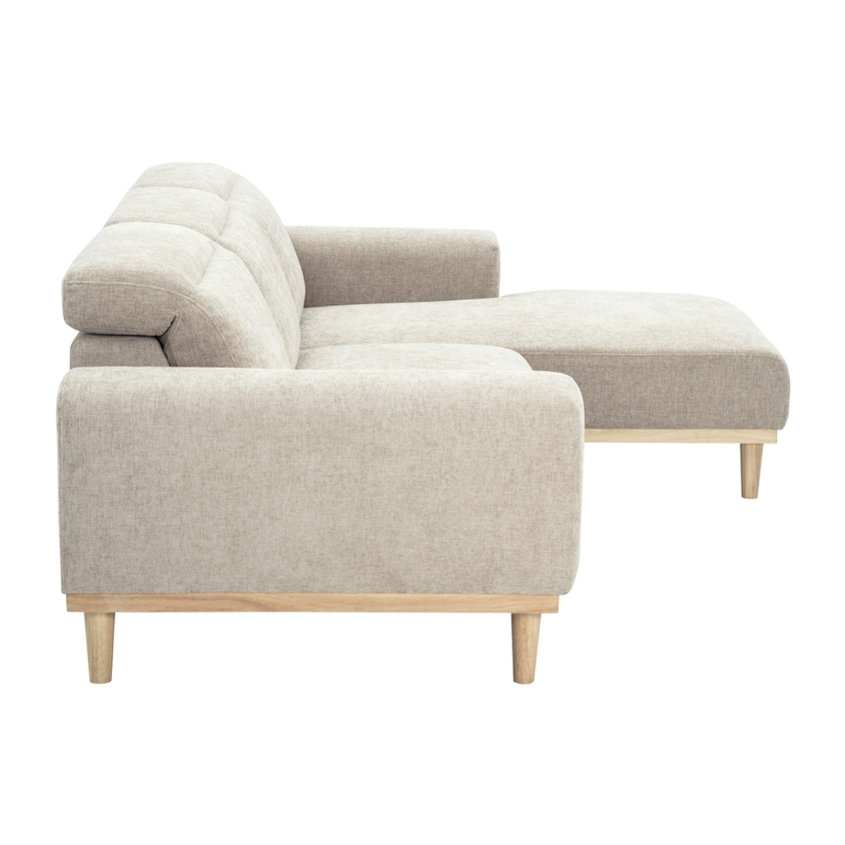 Canapé d'angle droit 3 places avec têtières ajustables en tissu effet velours texturé beige et bois clair HORACIO
