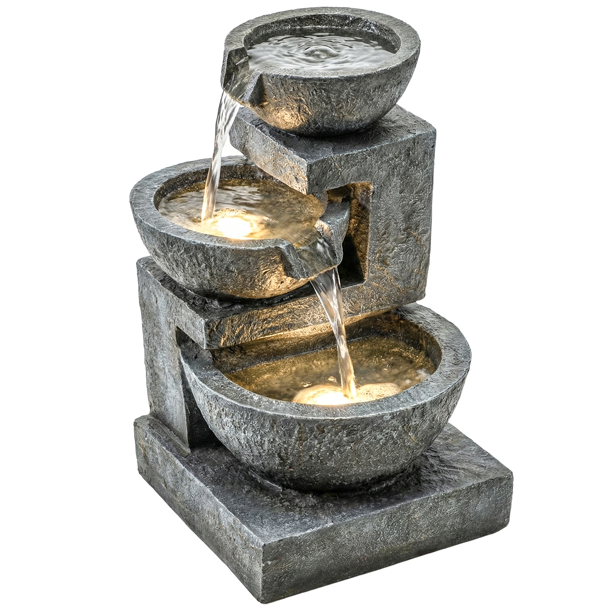 Fuente de Agua Decorativa con Iluminación LED y Bomba, Fuente de Jardín Exteror en Cascada de 3 Niveles, Resistente a la intemperie, para Jardín, Patio, Terraza, 40x37x61 cm, Multicolor