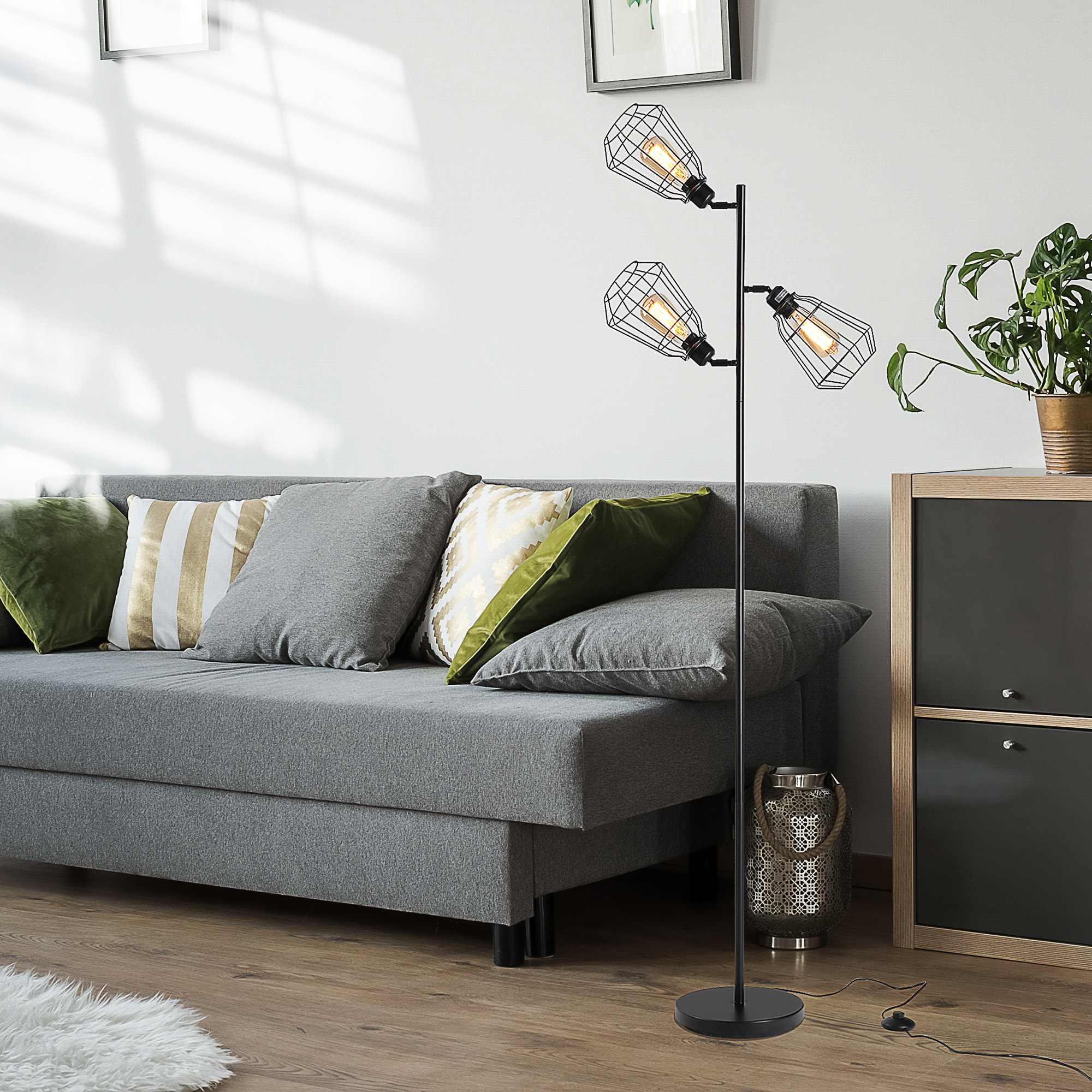 Lampadaire design industriel 3 ampoules max. 40 W abat-jour cage métal noir