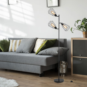 Lampadaire design industriel 3 ampoules max. 40 W abat-jour cage métal noir