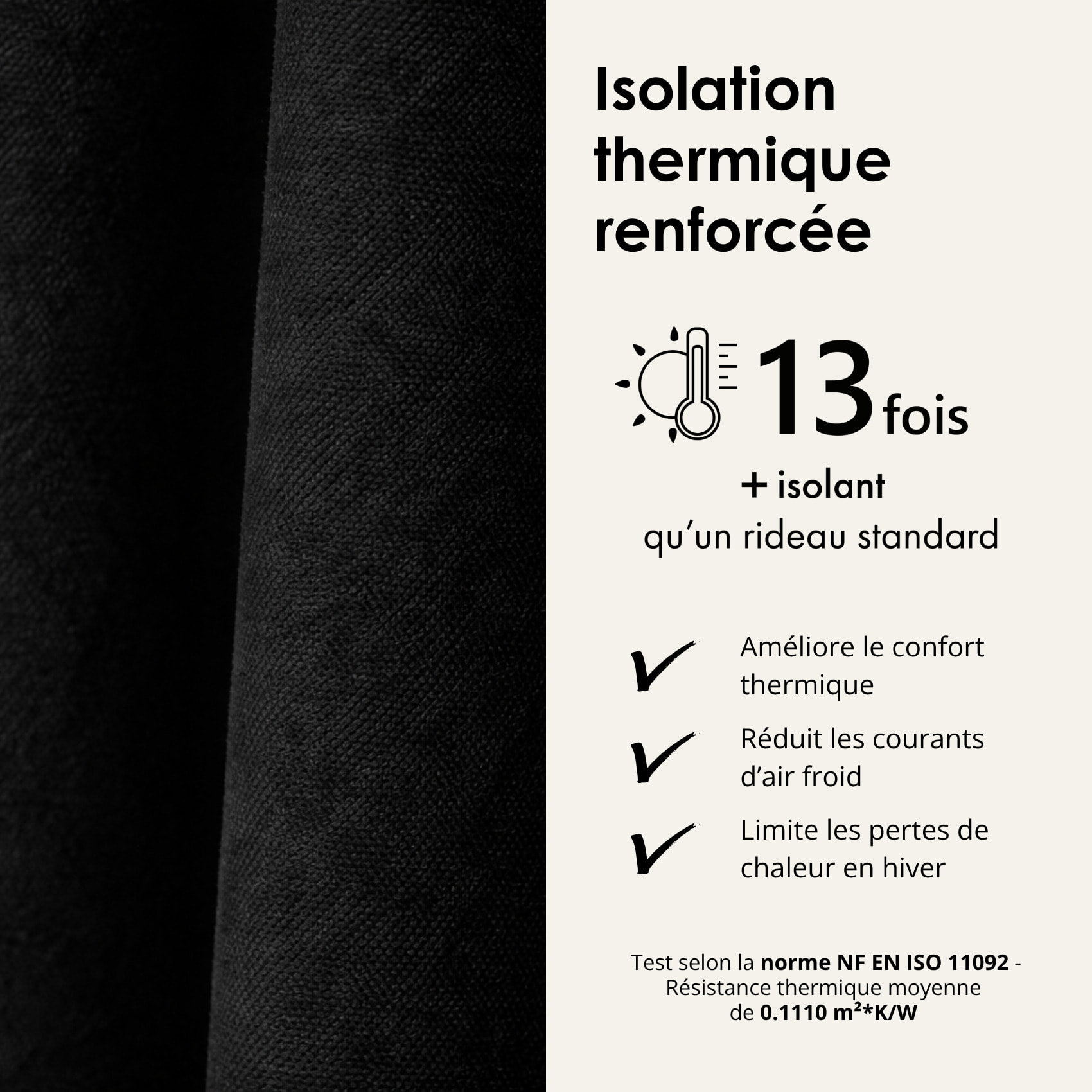 Rideau thermique phonique et semi occultant à galons fronceurs KONFOR - Noir