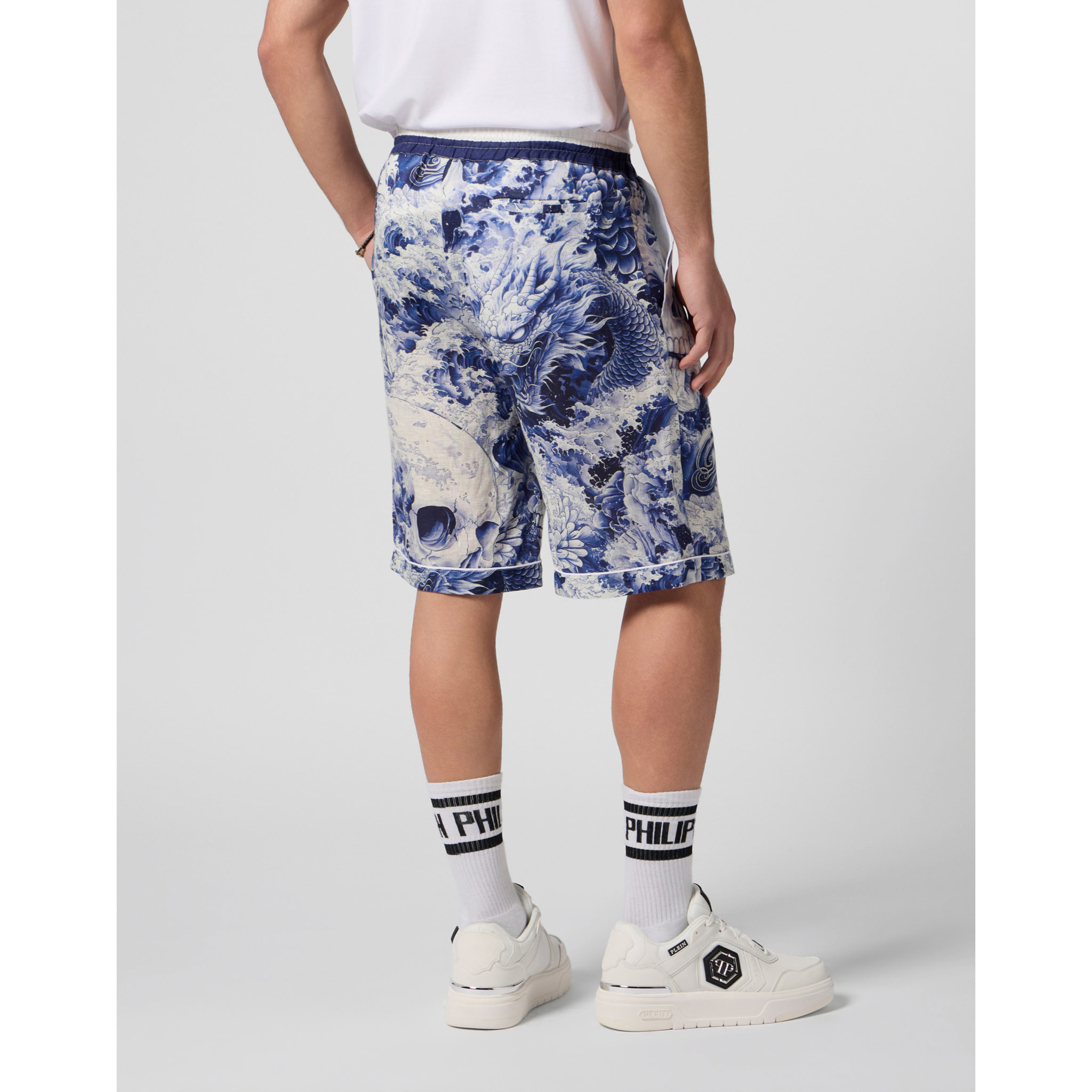 PHILIPP PLEIN Linen Bowling Shorts All-Over Ceramic