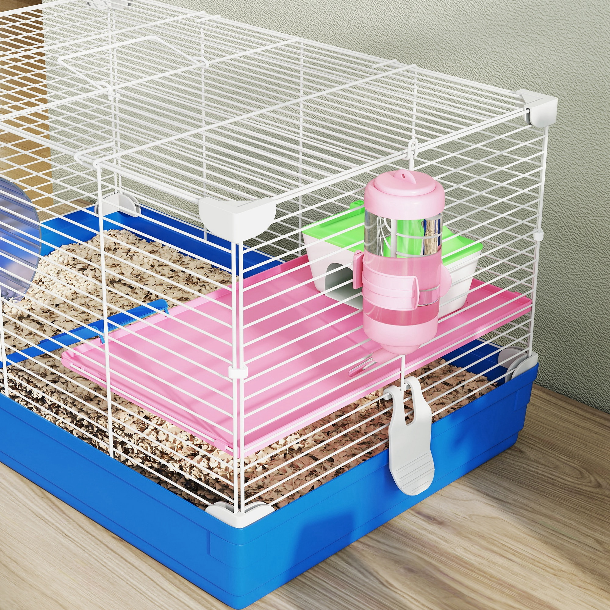 Cage rongeur hamster 2 niveaux cabane roue échelle biberon mangeoire 47 x 30 x 27 cm bleu blanc