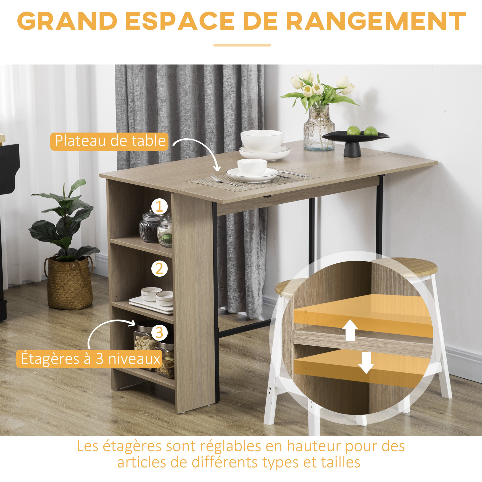 Table de bar extensible design industriel - 3 étagères intégrées - châssis métal noir aspect bois gris