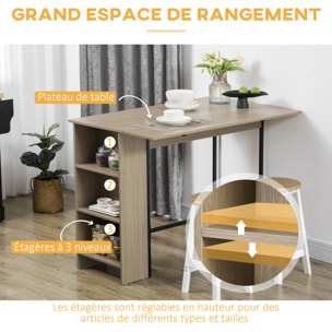 Table de bar extensible design industriel - 3 étagères intégrées - châssis métal noir aspect bois gris