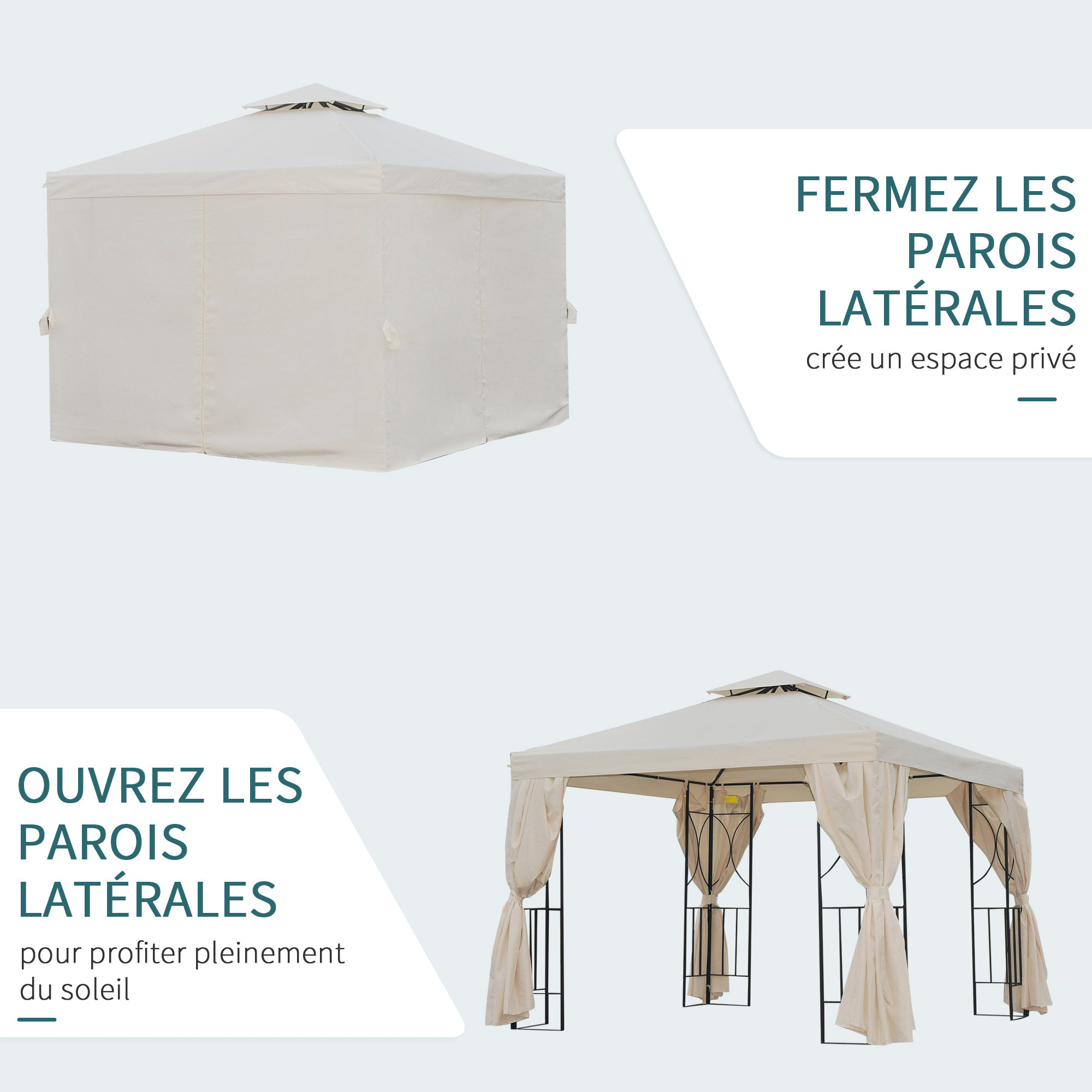 Tonnelle barnum style colonial double toit toiles latérales amovibles 2,95L x 2,95l x 2,65H m beige noir