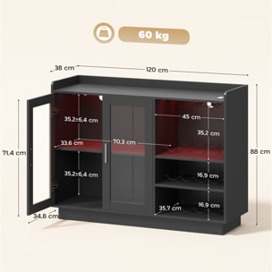 Mueble de Bar, Armario Buffet para Vinos con Luces LED RGB y Botellero para 12 Botellas, Aparador de Cocina con Estante Ajustable y Puertas de Cierre Suave, para Comedor, Salón, Negro