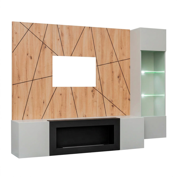 Parete Attrezzata Moderna Per Tv Con Biocamino E Pannello Design Geometrico 2 Ante Ribalta  E 1 Vano A Giorno 200 x 40 x 158 Cm Grigio E Rovere