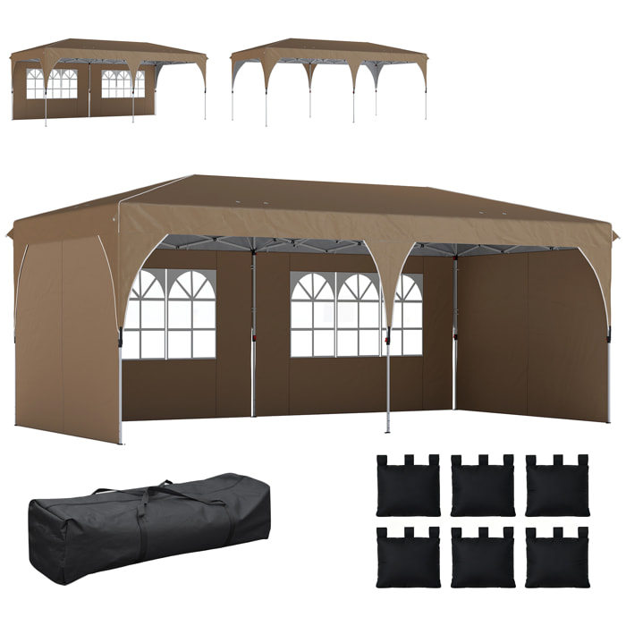 Carpa Plegable 6x3 m, Pop-up, con 4 Laterales Extraíbles, Cenador de Jardín con Tiras Reflectantes, Altura Ajustable, Sistema Central de Bloqueo, UPF50+, Impermeable, Bolsa Transporte, Beige
