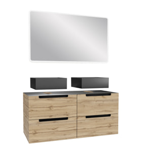 Meuble salle de bains 120cm Chêne et noir, Vasques carrées et Miroir Led 120x70 - OMEGA