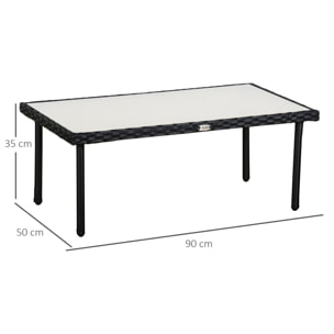 Table basse de jardin plateau verre trempé 5 mm résine tressée imitation rotin noir