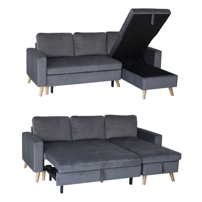 Canapé d'angle convertible JAMES 3 places en velours gris