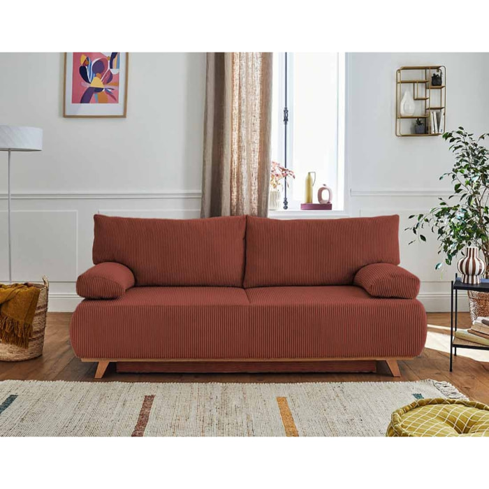 Cristal - canapé 3 places - convertible avec coffre - en velours côtelé - Terracotta