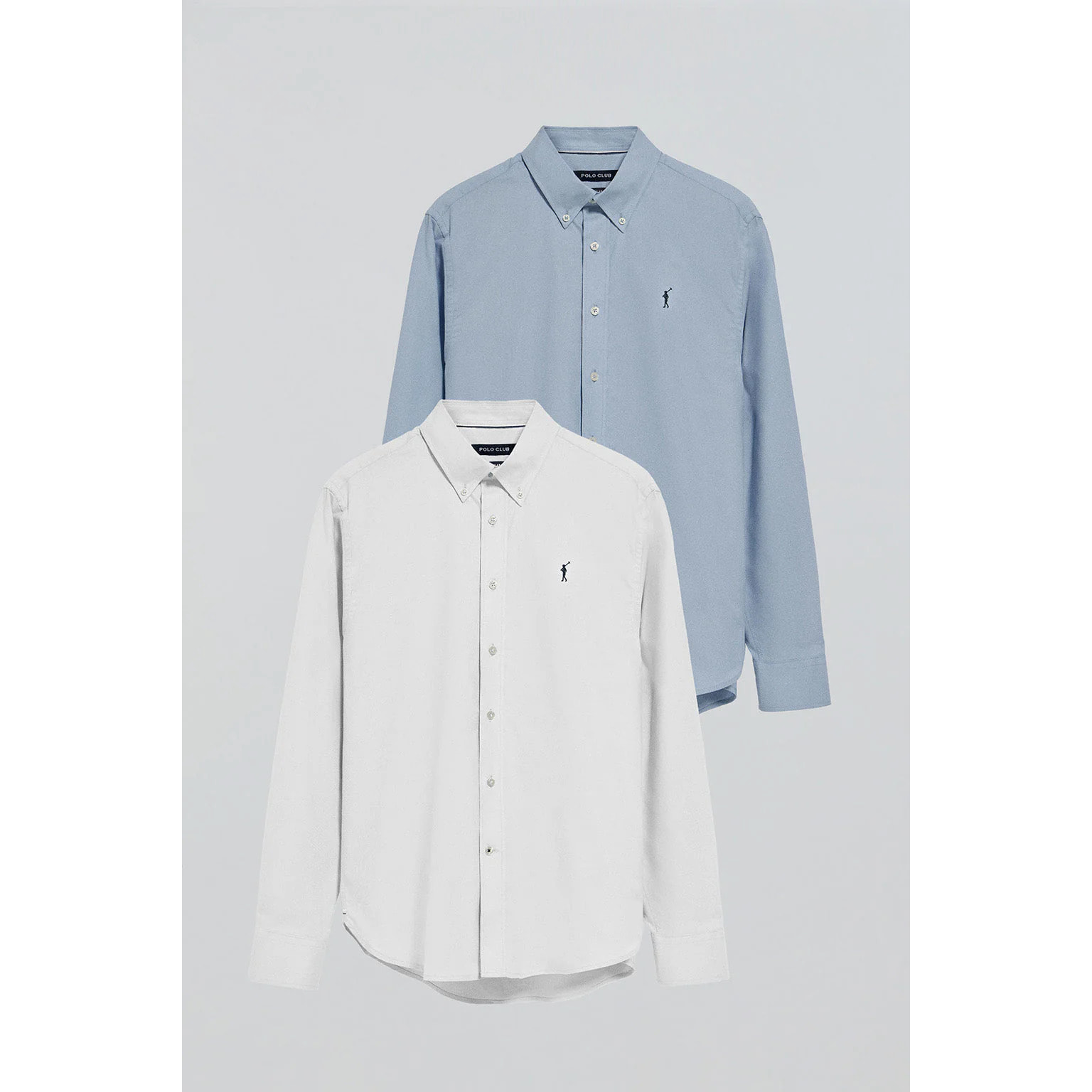 Pack de dos camisas regular azul celeste y blanca con logo Rigby Go