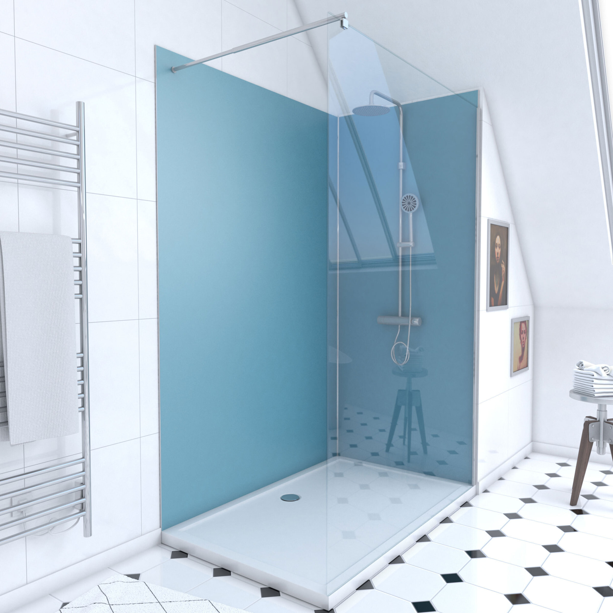 Pack Douche a l'Italienne 90x120 - Kit Panneaux Muraux Bleu/Chrome + Receveur + Paroi 6 mm