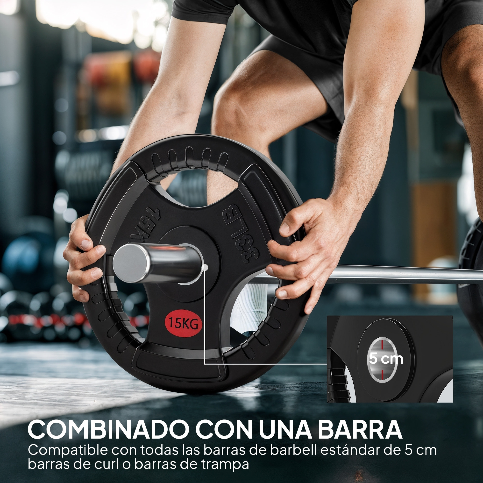 Discos Pesas Olímpicas, Agujero Ø50 mm, 2 Discos de Pesas 15 kg con Anillo Interior de Acero y Triple Agarre, para Mancuernas y Barras, Entrenamiento Fitness en Casa, Gimnasio, Negro