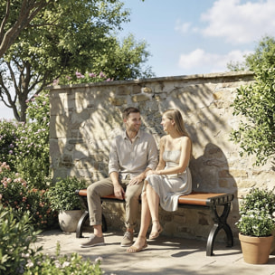 Banco de Jardín Exterior de 2 Plazas, Banco Exterior con Estructura Metálica y Asiento Listonado, para Patio, Terraza, 124x39x39 cm, Marrón