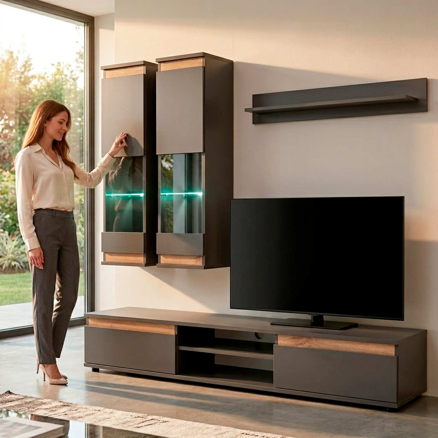 Parete Attrezzata Soggiorno Mobile Tv Vetrine Led Mensola Moderno Living Arredo Contenitore Vani Giorno Resistente 175x 150x 37 Cm Antracite E Rovere