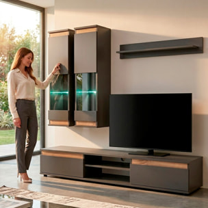 Parete Attrezzata Soggiorno Mobile Tv Vetrine Led Mensola Moderno Living Arredo Contenitore Vani Giorno Resistente 175x 150x 37 Cm Antracite E Rovere