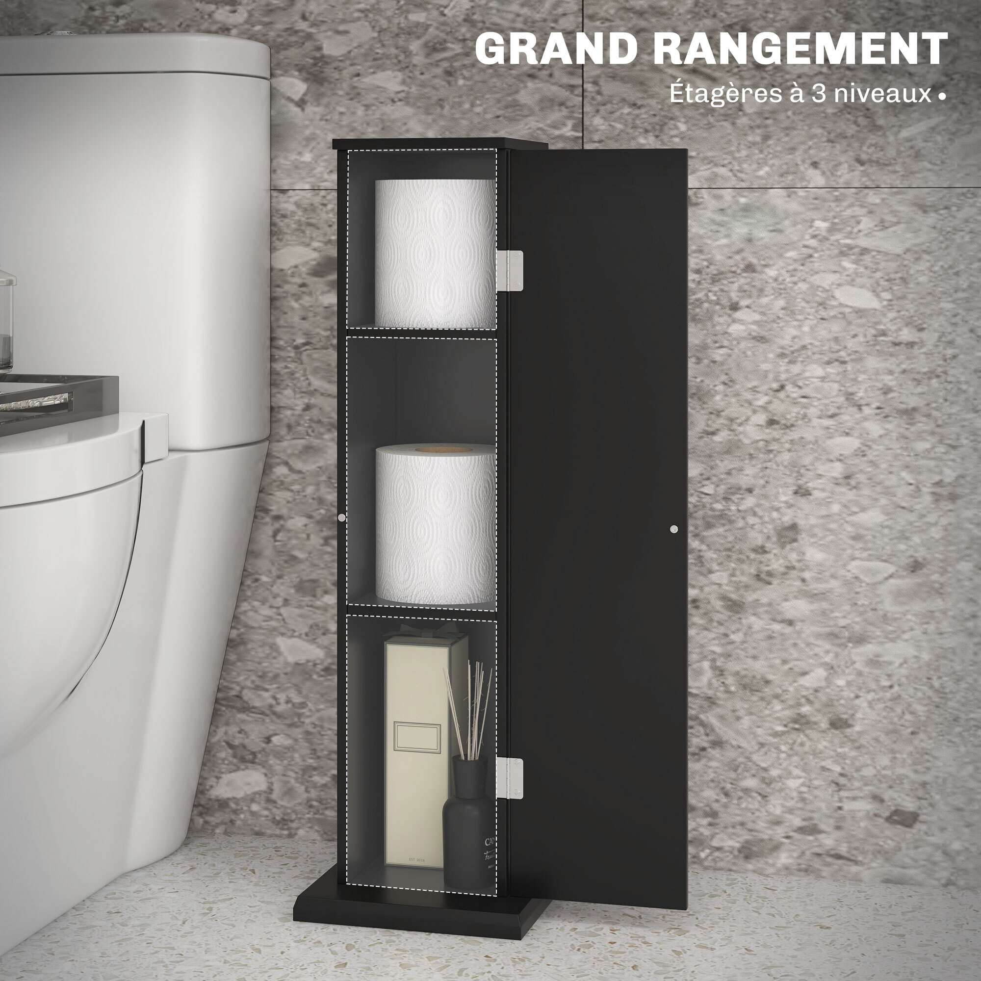 Support papier toilette - porte-papier toilette - armoire pour papier toilette - 3 niveaux + sortie papier MDF noir