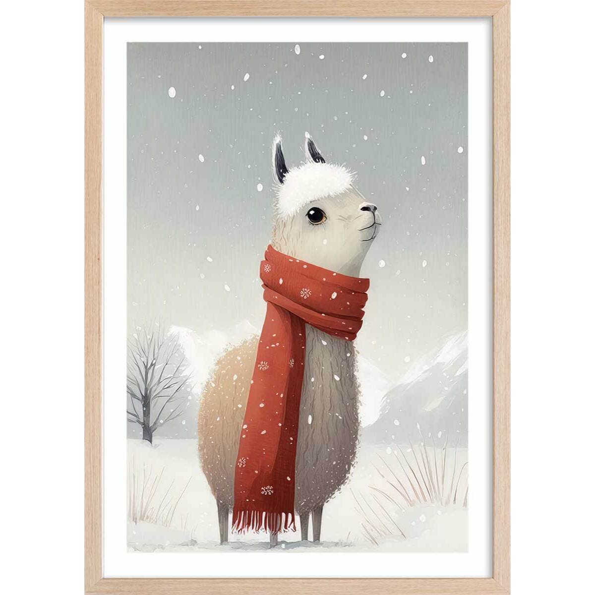 Affiche enfant lama et son écharpe  Affiche + cadre en bois - Chêne
