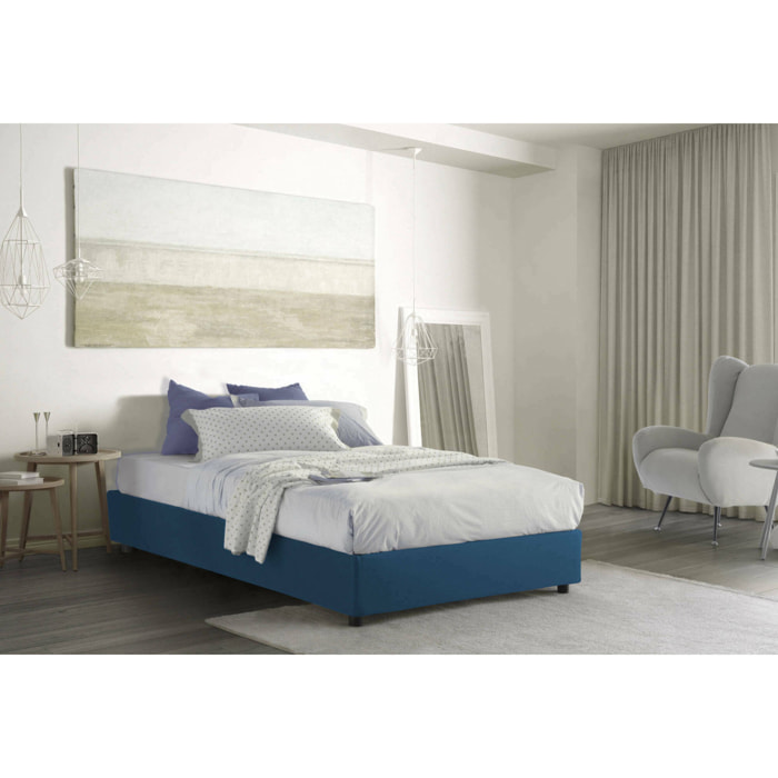 Letto piazza e mezza Gaia, Letto contenitore con rivestimento in tessuto, 100% Made in Italy, Apertura laterale, con materasso Cm 120x190 incluso, Blu