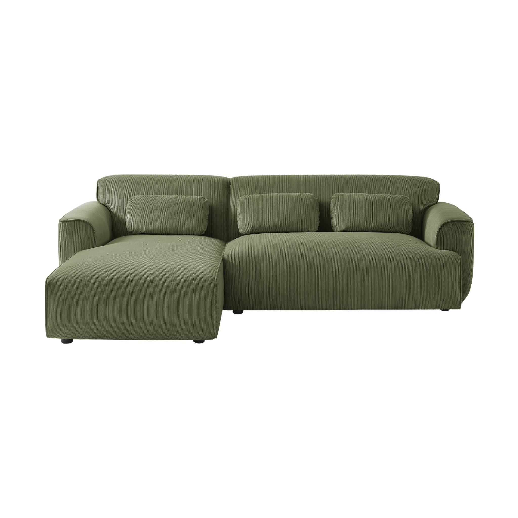 Canapé d'angle gauche. 2 à 3 places. velours côtelé vert. Wallas L 196 x P 151 / 91 / x H 73cm