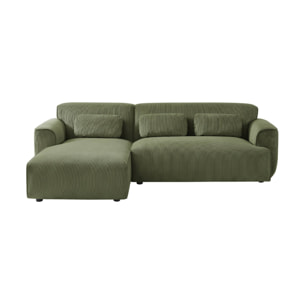 Canapé d'angle gauche. 2 à 3 places. velours côtelé vert. Wallas L 196 x P 151 / 91 / x H 73cm