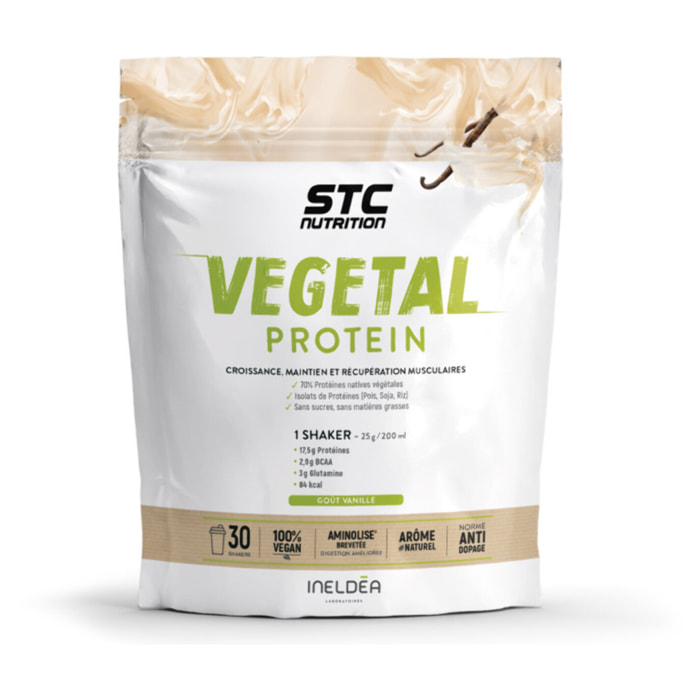 STC NUTRITION - Vegetal Protein - Alternative 100% Végétale - Pois + Soja + Riz - Sans Sucre, Sans Matières Grasses - Sans Colorant, Sans Gluten - 100% Végan - 750 g - Vanille