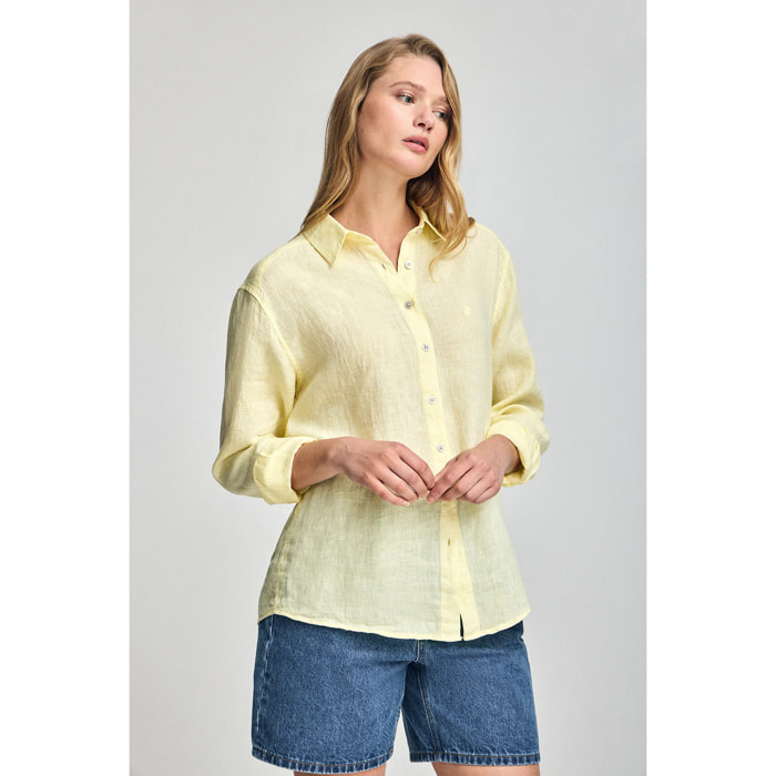 Camicia gialla in lino tinta in capo con monogramma ricamato