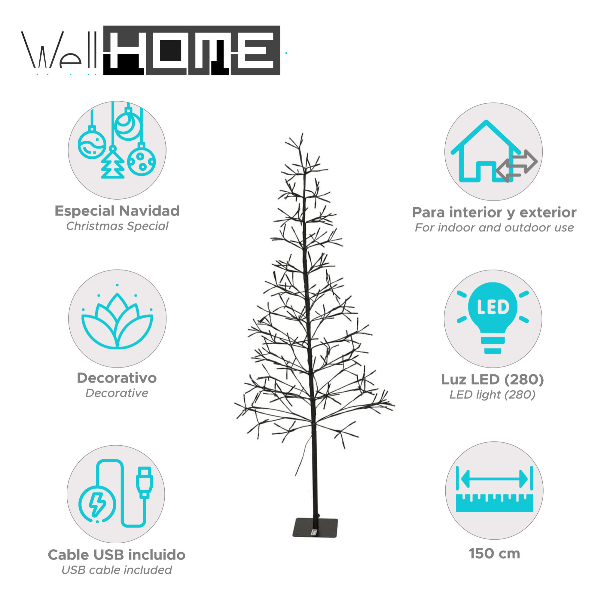 árbol de navidad en forma de a con 12 ramas con 280 luces led y una altura de 150cm