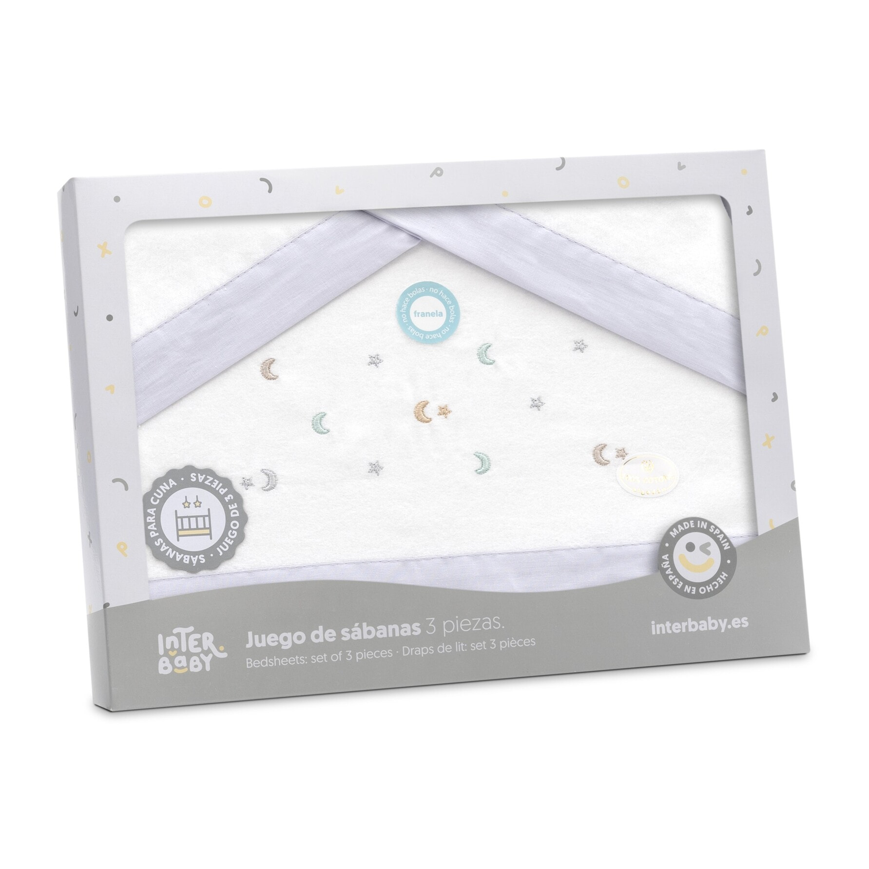 Triptico Cuna Franela Estrella Luna Multicolor Bco/Gris