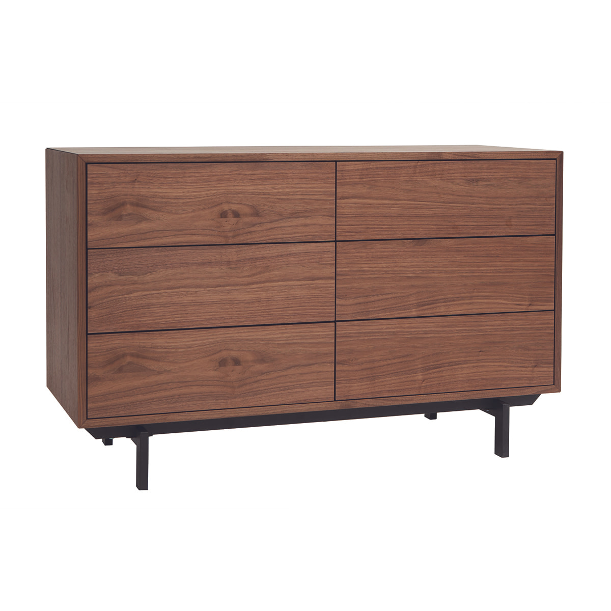 Commode vintage bois foncé noyer et métal noir 6 tiroirs L120 cm MANNY